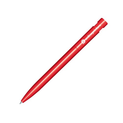 Bolgrafo de plstico rojo con acabado brillante y mecanismo de pulsador.