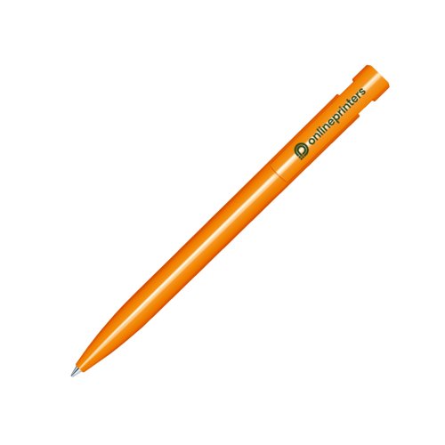 Bolgrafo de plstico naranja con acabado brillante y mecanismo de pulsacin.