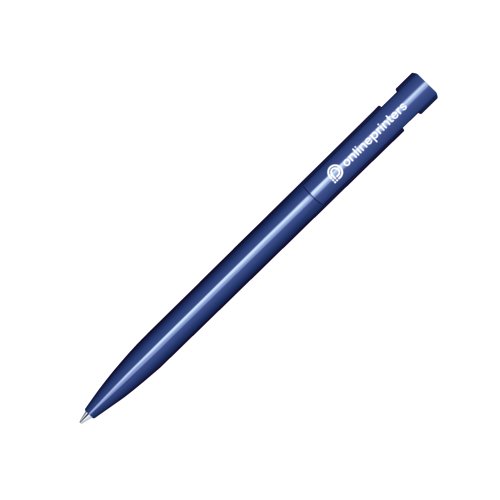 Bolgrafo de plstico azul oscuro con acabado brillante y botn pulsador.