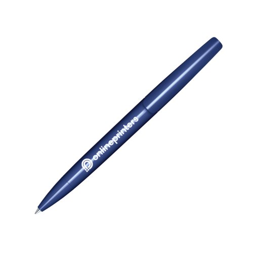 Bolgrafo giratorio de plstico azul oscuro con acabado pulido.