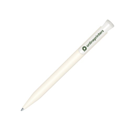 Bolgrafo blanco de bioplstico con mecanismo de pulsacin y clip.