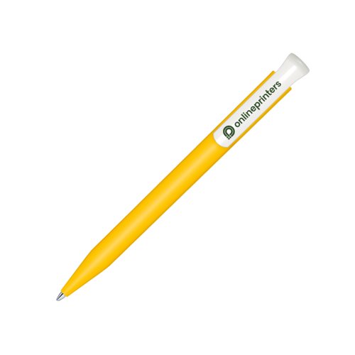 Bolgrafo bio amarillo con mecanismo de pulsacin y clip.