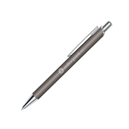 Bolgrafo gris de plstico con superficie suave al tacto y clip.