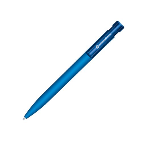 Bolgrafo azul con mecanismo de pulsacin y superficie de tacto suave.