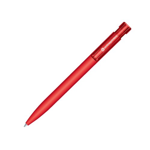 Bolgrafo rojo con mecanismo de pulsacin y superficie suave al tacto.