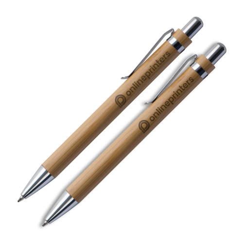 Juego de escritura de madera clara con bolgrafo y estuche.