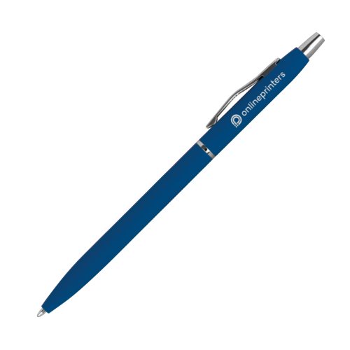 Bolgrafo de metal azul con clip y botn pulsador.