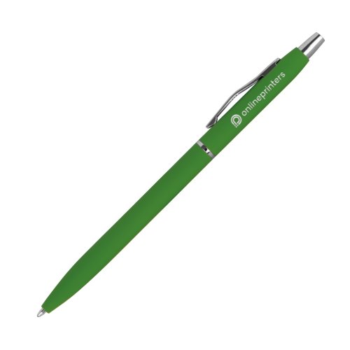 Bolgrafo de metal verde con clip y mecanismo de pulsacin.