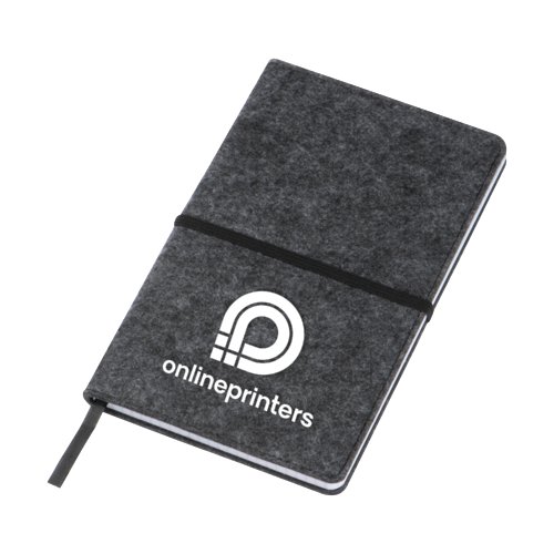Libreta de fieltro gris con goma elstica y marcapginas.