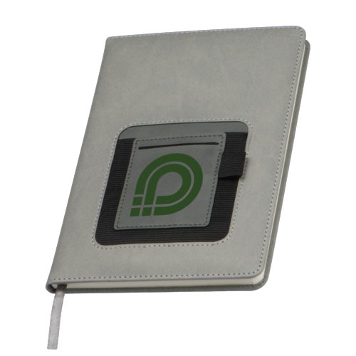 Cuaderno gris con bolsillo y goma elstica.