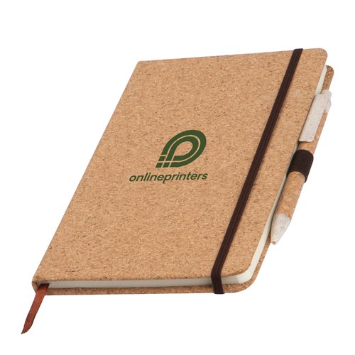 Cuaderno de corcho con goma elstica y soporte para bolgrafo.