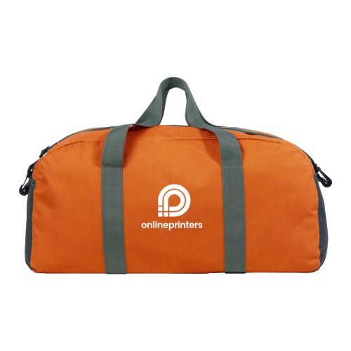 Bolsa de deporte naranja de tela con asas y cremallera.