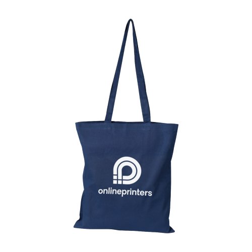 Bolsa de algodn azul oscuro con patrn y asas largas.