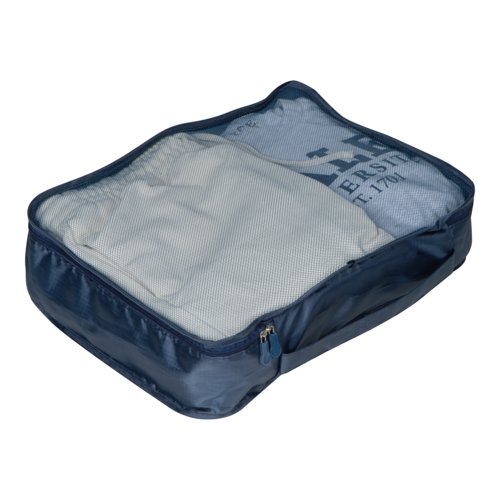 Juego de viaje azul oscuro de 4 piezas con cremallera.