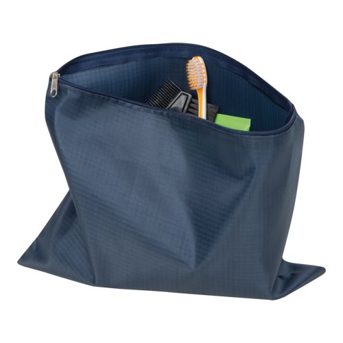 Set de viaje azul oscuro con cremallera. Incluye cuatro piezas.