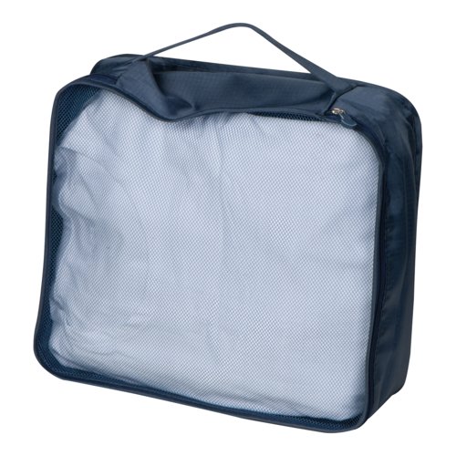Juego de viaje de tela azul oscuro, cuatro piezas con asa de transporte y cremallera.