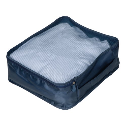 Set de viaje textil azul oscuro, de 4 piezas con cremallera.