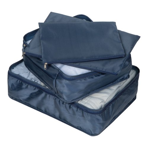 Set de viaje textil azul oscuro, de 4 piezas, con cremalleras.