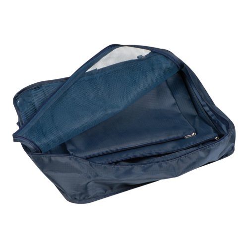 Set de viaje azul oscuro de 4 piezas con cremallera.