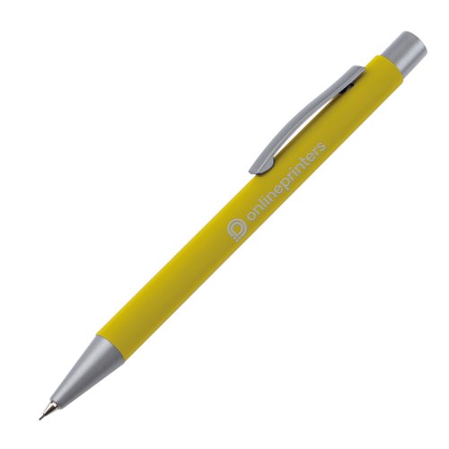 Portaminas amarillo con clip y botn pulsador.