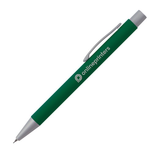Lpiz mecnico verde con elementos de metal y clip.
