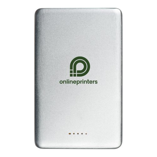 Batera externa plateada con puerto USB para cargar dispositivos.
