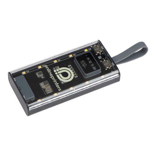 Batera externa negra de plstico con capacidad de carga de 10.000 mAh y cordn.