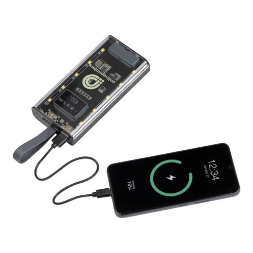 Banco de energa transparente con puerto USB e indicador de carga.