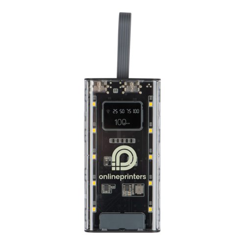 Batera externa transparente con indicador de batera y puertos USB.