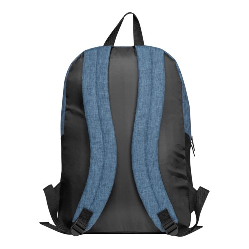 Mochila azul oscuro con correas ajustables y cremallera.