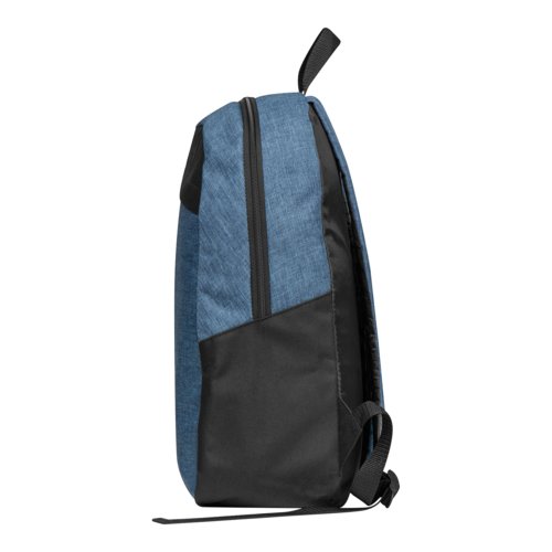 Mochila azul oscuro con cremallera y asa de transporte.