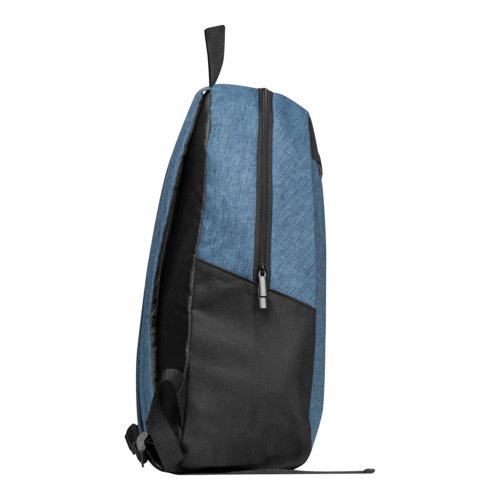 Mochila azul oscuro con cremallera y correas ajustables.