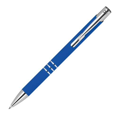 Bolgrafo de gel azul con elementos metlicos y mecanismo de presin.