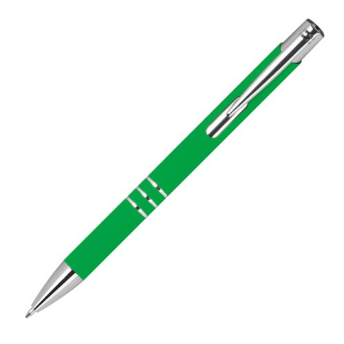 Bolgrafo de gel verde con clip y botn pulsador.