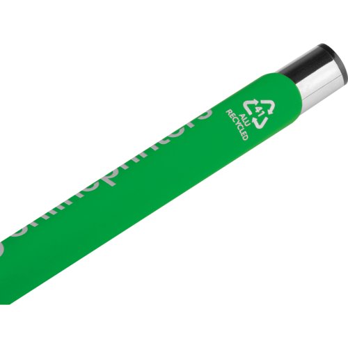 Bolgrafo de gel verde con elementos de metal y mecanismo de presin.