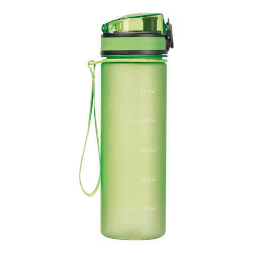 Botella de agua de tritn verde manzana con tapa y asa de transporte.