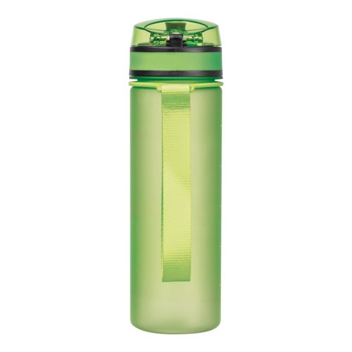 Botella de agua de tritn verde manzana con asa de transporte.