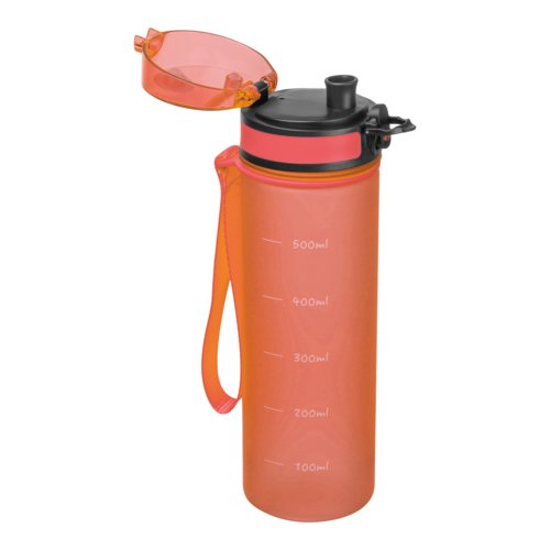 Botella de agua naranja de Tritan con tapn de rosca y correa de transporte.