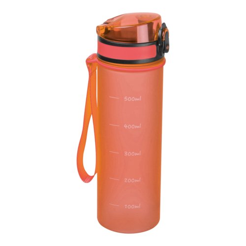 Botella de agua naranja de Tritan con asa de transporte.