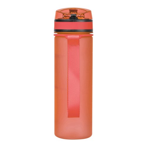 Botella de agua naranja de tritn con asa de transporte.