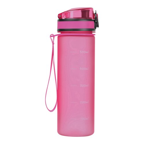 Botella de agua rosa de Tritan con correa de transporte.