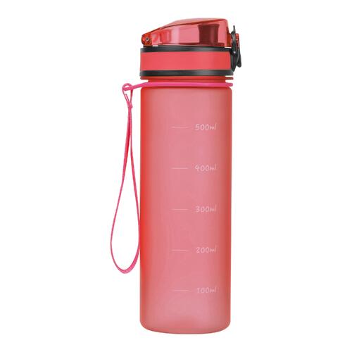 Botella de agua rosa de Tritan con correa de transporte.