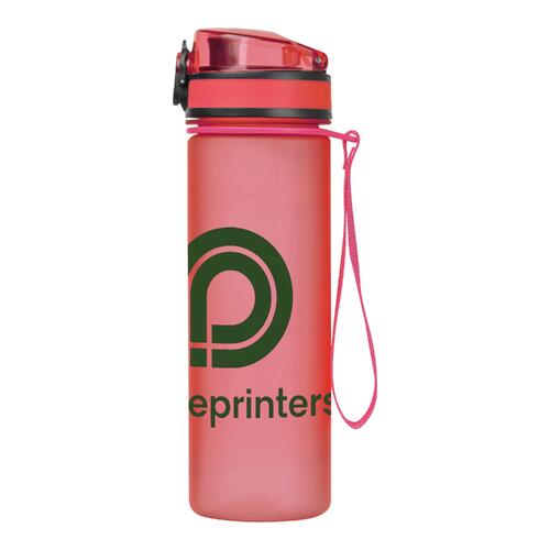 Botella de agua rosa de Trit�n con tapa y asa de transporte.