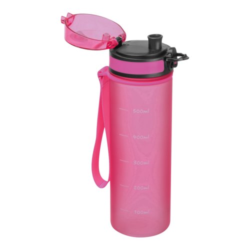 Botella rosa de tritn con correa de transporte y cierre.