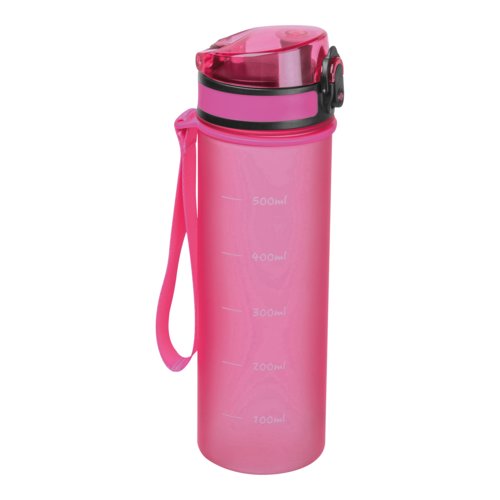 Botella de agua rosa de Tritan con asa de transporte y tapn de rosca.