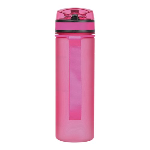 Botella de agua rosa de Tritan con correa de transporte.