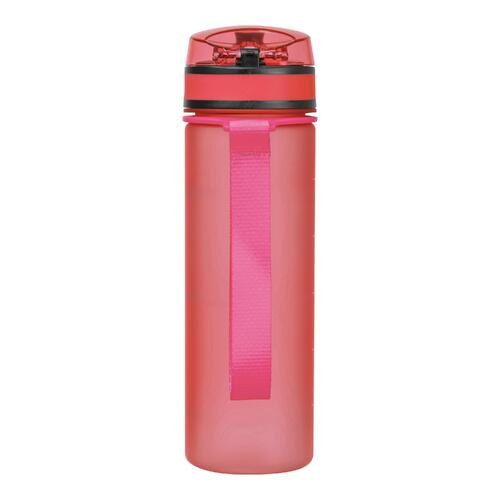 Botella de agua rosa de Tritan con correa de transporte.