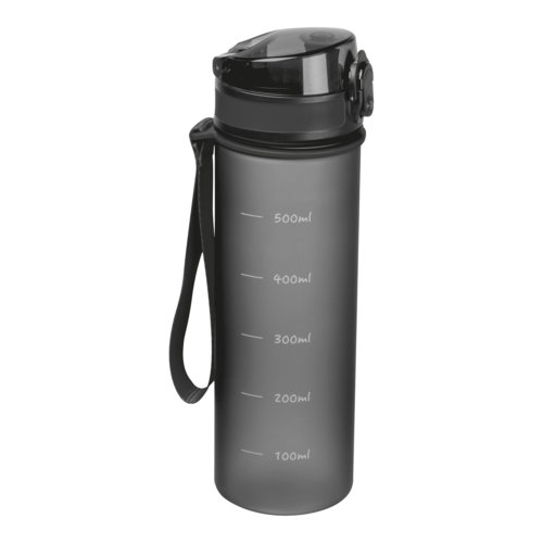Botella de agua negra de tritn con asa de transporte.
