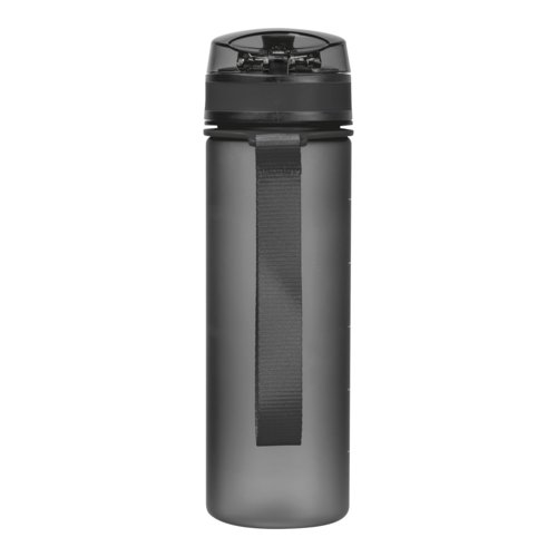 Botella de agua negra de Tritan con asa de transporte.