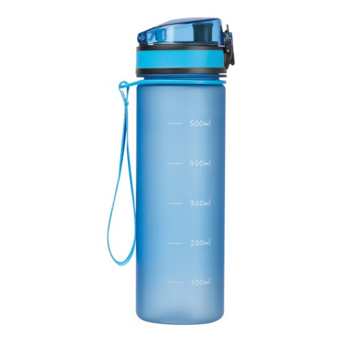 Botella de agua de Tritan azul claro con asa de transporte.